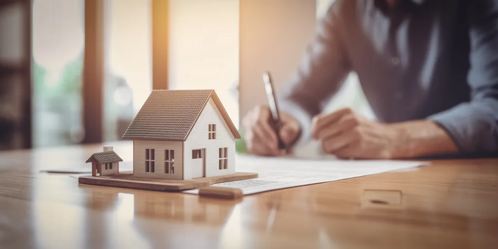 Model house on a table with person writing